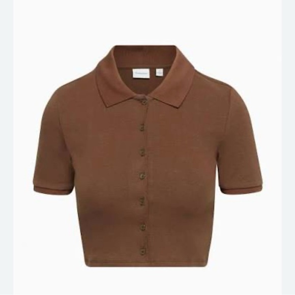 Aritzia Sunday Best Audio Top Cropped Polo Medium Cognac Brown Short Sleeve - Picture 2 of 13